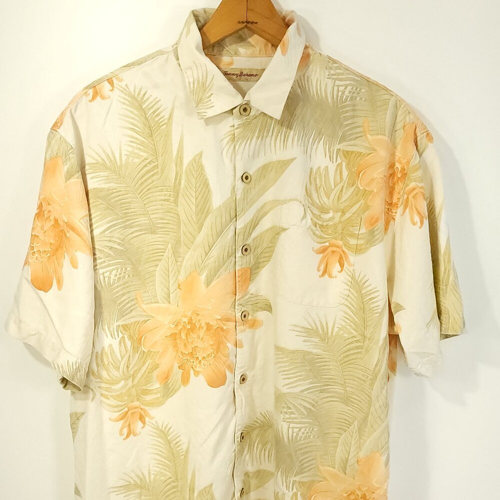 Tommy Bahama Mens XL Silk Hawaiian Shirt Cream Orange Floral Button Front